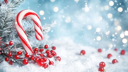 Vibrant candy cane nestled among snowy white accents and red berries, set against a soft blue background, evoking festive holiday cheer.