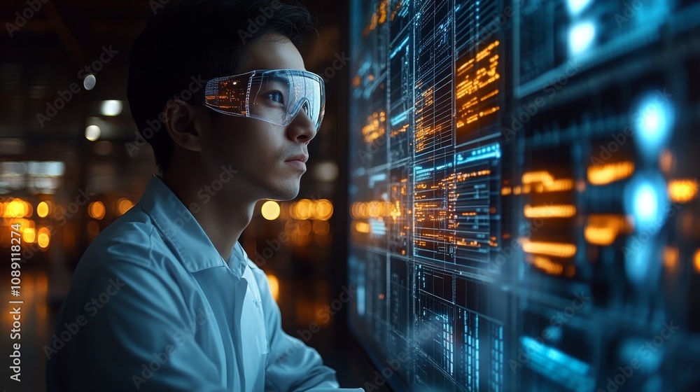 Poster engineer analyzing data in a high-tech lab during a futuristic research session
