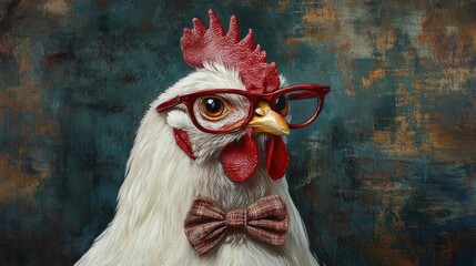 Charming white chicken wearing red glasses and a bow tie, showcasing a fun and quirky animal portrait with a humorous twist on poultry fashion.