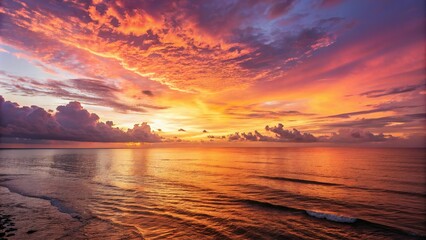 Obraz premium A vibrant and colorful sunrise illuminates the ocean with golden hues, sunny day, sea horizon