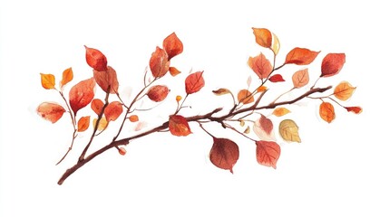 Watercolor painting of an autumn branch adorned with vibrant red, orange, and yellow leaves showcasing the essence of the fall season.