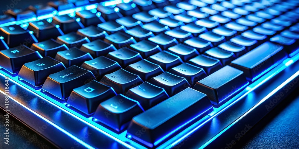 Poster candid photography of a computer keyboard illuminated with blue neon lights, capturing the modern te