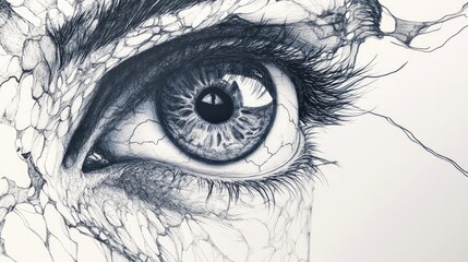 Fototapeta premium Intricate black and white sketch of a human eye highlighting fine lines, detailed iris patterns, and complex shading techniques.
