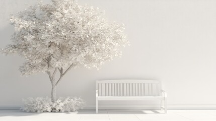 Fototapeta premium Serene White Bench Surrounded by Lush Tree in Minimalist Space Perfect for Art Display or Text Integration in Soft Neutral Tones