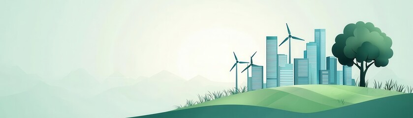 A serene landscape featuring windmills and green hills, symbolizing sustainability and eco-friendly urban development. Energy stock investment concept.