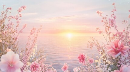 Elegant greeting card template for Muslim celebrations with a serene floral sunset over calm sea in soft pastel shades, ideal for heartfelt messages.