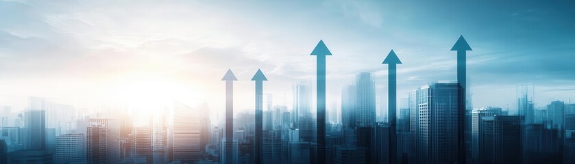 A skyline view showcasing skyscrapers with upward arrows indicating growth and success in a modern urban environment. Energy stock investment concept.