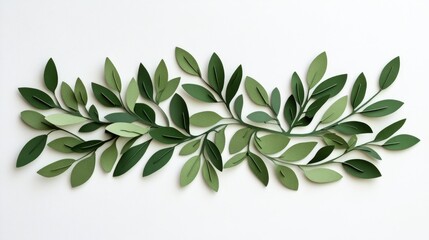 Fototapeta premium Cutout green olive surrounded by a variety of green paper leaves arranged in an artistic, flowing design on a light background.
