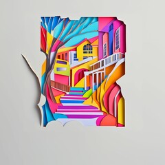 Overland Park, Kansas, paper cut illustration - A colorful paper cut of a house and stairs