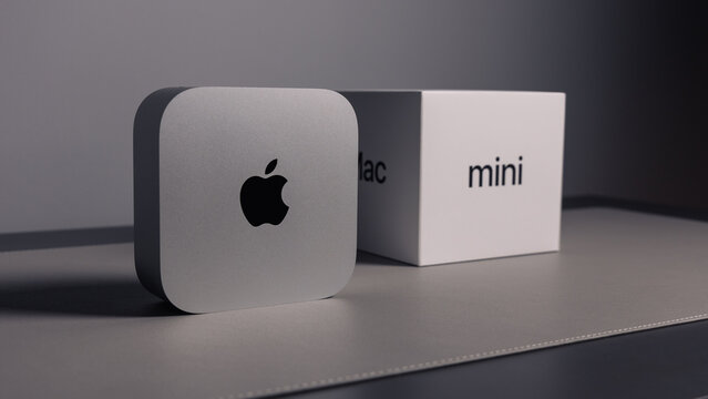 LONDON - NOVEMBER 08, 2024: Apple M4 Mac Mini desktop computer in silver with new design