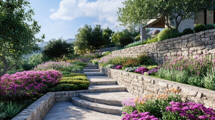 Obraz premium Panoramic view of a terraced garden with stone walls, featuring vibrant flowers and lush greenery, highlighting luxurious landscaping and outdoor aesthetics.