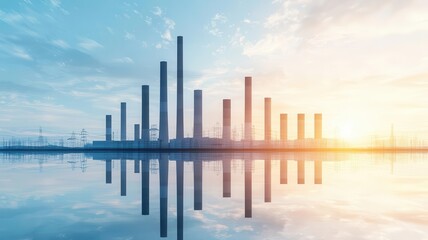 A stunning industrial skyline reflecting on calm waters, showcasing modern architecture and innovation under a vibrant sky. Energy stock investment concept.