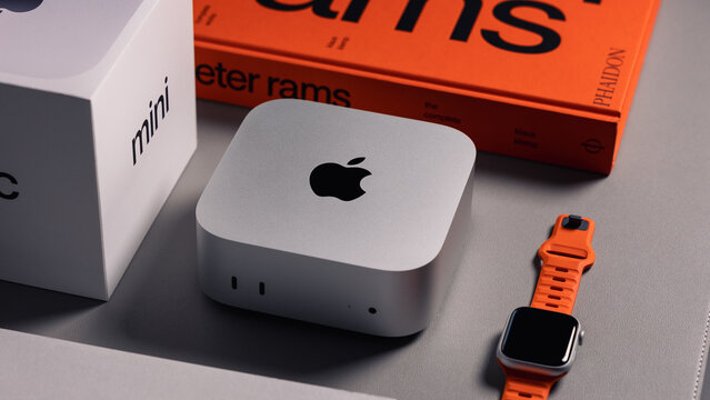 LONDON - NOVEMBER 08, 2024: Apple M4 Mac Mini desktop computer in silver with new design