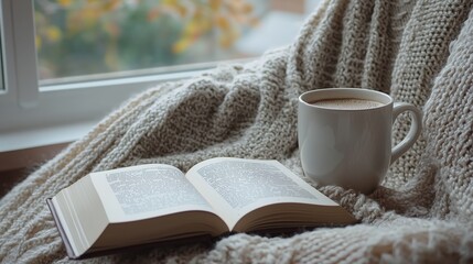 Cozy Scene with Open Book and Coffee Mug on Knitted Blanket by a Window with Autumn Leaves Outside