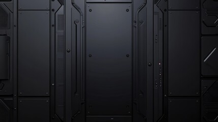 Fototapeta premium Futuristic tech backdrop showcasing sleek dark sci-fi panels with intricate designs and a minimalist aesthetic for a modern ambiance.