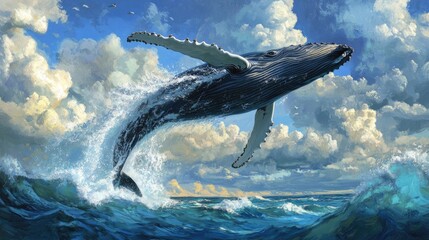 Fototapeta premium Humpback whale breaching spectacularly from ocean waters, sending up a dramatic splash against a vivid blue sky filled with fluffy clouds.
