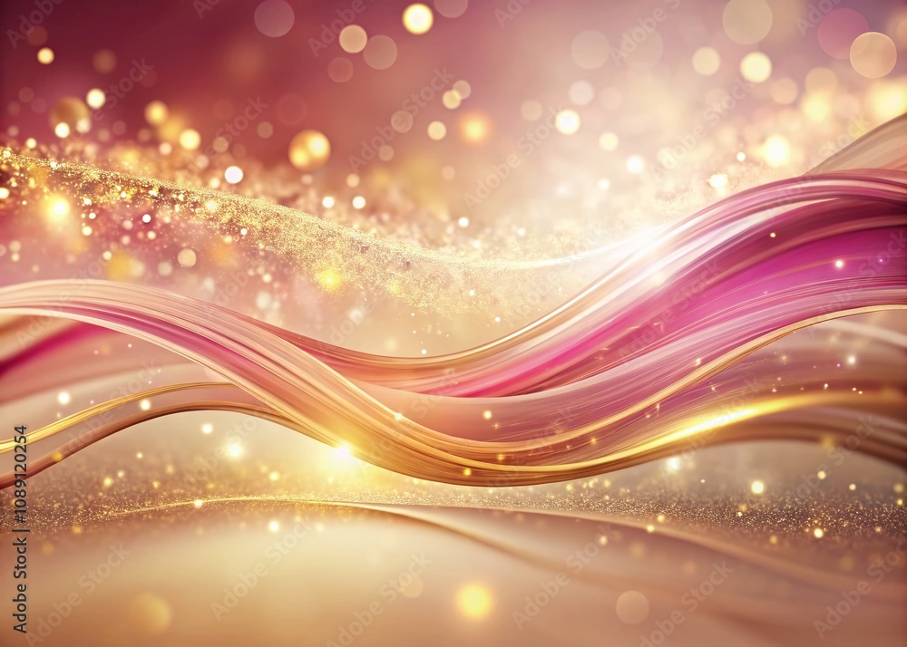 Poster captivating abstract background featuring pink and golden waves with sparkles on a light background 