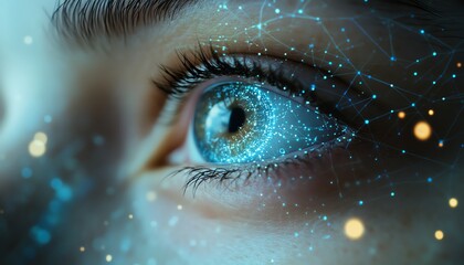 Blue human eye through AI network lens, digital data flowing, connections and technology surrounding it, artificial intelligence, futuristic cyber vision