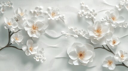 Three-dimensional white floral plaster relief featuring intricate blossoms and delicate branches, showcasing elegance and artistic craftsmanship on a soft background.
