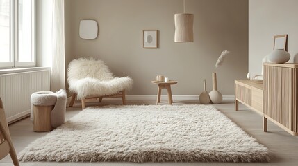 Scandinavian room with a neutral color palette, fluffy rug, and light wood furniture.