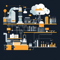 Industrial IoT flat design, showcasing a digital network between machines, predictive analytics hubs, and cloud storage