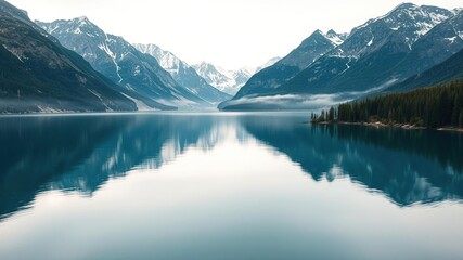 Fototapeta premium Peaceful lake with surrounding snow-capped mountains, serene scenery, frozen tundra, crystal clear