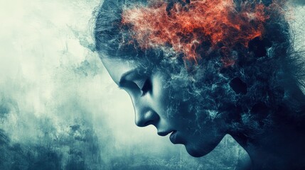 Portrait of a woman in profile with abstract, smoky patterns representing stress and migraines highlighting emotional and physical pain impacting brain health
