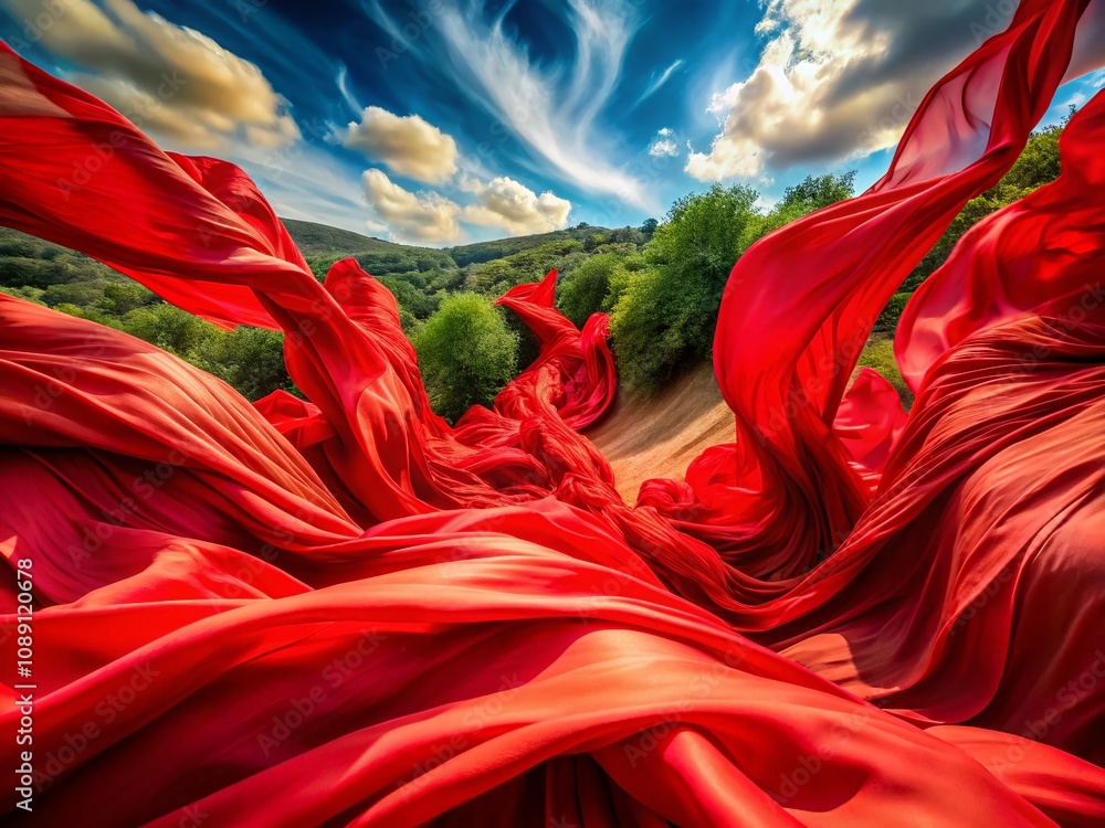 Aufkleber captivating abstract landscape photography featuring swirling red fabric in a dreamlike setting with