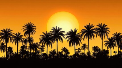 Obraz premium Silhouette of palm trees against a vibrant orange sunset sky with a blurred background, creating ample copy space for summer beach themes.