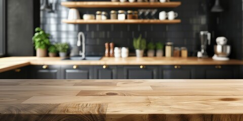 Varnished wood countertops set against a blurred contemporary kitchen with open shelving that showcases neatly arranged jars, plants and kitchen utensils.