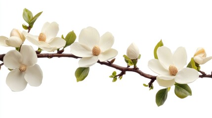 Obraz premium Magnolia flower branch with blooming white petals and green leaves, elegantly isolated against a clean white background.