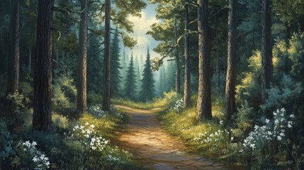 Fototapeta premium Serene forest path illuminated by soft spring light, bordered by tall trees and delicate white flowers, inviting a sense of tranquility and space.