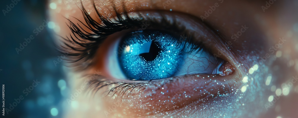 Poster closeup of blue eye in ai network, digital data and connections surrounding it, artificial intellige