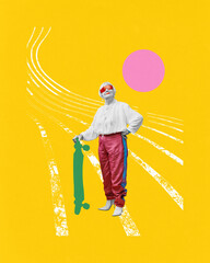 Elderly woman with green skateboard, in white blouse, and red sportive pants, standing confidently on yellow background. Contemporary art collage. Concept of elderly people, health, active lifestyle