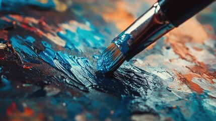 Fototapeta premium Blue paint tube dispensing vibrant paint onto a palette, accompanied by a brush applying rich blue hues to an artist's canvas, highlighted with selective focus.