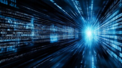 Futuristic Technological Landscape: Bright Light Tunnel with Binary Code Overlapping in Dark Blue Background