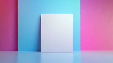 Fototapeta premium Blank canvas display set in a vibrant studio with gradient blue and pink backdrop, perfect for showcasing personalized designs and product concepts.