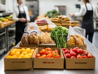 Food donation center collecting and distributing surplus produce community kitchen food pantry operation urban environment close-up view social impact initiative
