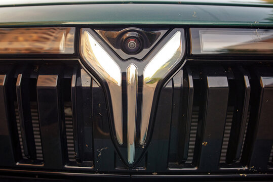 Minsk, Belarus. May 4, 2024. Camera located above the front bumper logo Voyah, used to record the area in front of the vehicle. External camera for around view monitoring, smart sensor system.