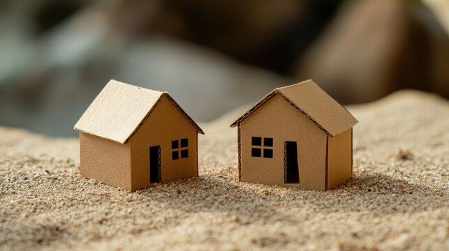 Miniature cardboard house models on sandy ground representing home ownership and real estate concepts with a blurred background for emphasis.
