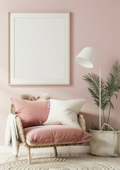 Cozy Living Room with Rattan Chair and Pink Wall