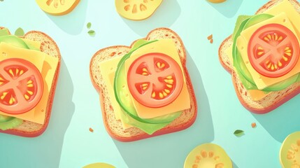 Vibrant vegetarian sandwich scene showcasing toasted bread layered with avocado, cheddar cheese, fresh tomatoes, and greens, perfect for healthy meals.