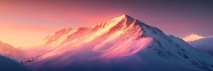 A majestic winter mountain ridge glowing under the warm hues of an alpine sunset ,