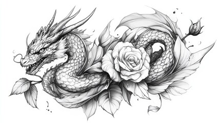 Obraz premium Intricate tattoo design showcasing a fierce dragon elegantly intertwined with a blooming rose and lush leaves in a detailed monochromatic style.