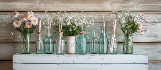 Rustic Floral Arrangement with Glass Bottles and Straws