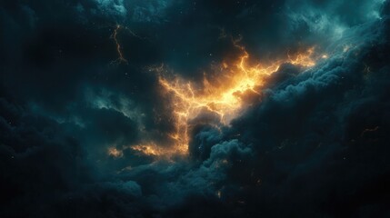 Fototapeta premium Dramatic dark stormy sky filled with swirling clouds and vibrant lightning, creating a mystical atmosphere of awe and fantasy with glowing highlights.