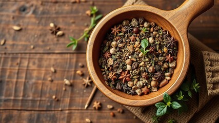 traditional wooden bowl filled with dried herbs and spices, natural ingredients, botanicals, aromatic