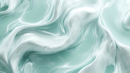 Obraz premium Fluid art composition with shimmering white waves on a soft mint background, creating a captivating abstract marble texture.