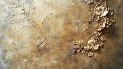 Elegant Floral Plaster Artwork Featuring Intricate Textured Wall with Beautifully Crafted Blossoms in Soft Earthy Tones