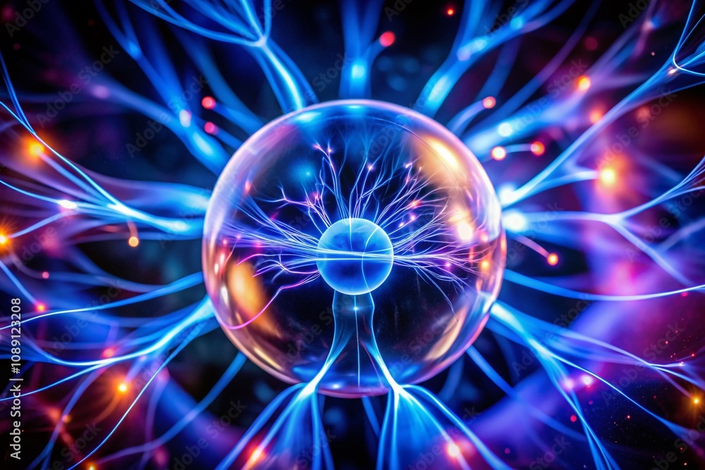Poster captivating blue plasma in low light: a stunning display of energy and motion in an atmospheric sett